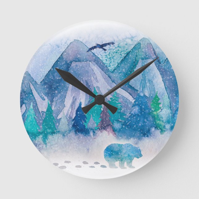 Horloge Ronde Blue Watercolor Winter Mountain Landscape Art (Recto)