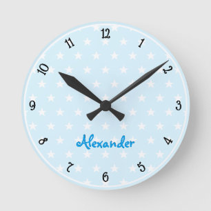 Horloge Ronde Blue White Stars Nom Personnalisé Garçons Salle Nu