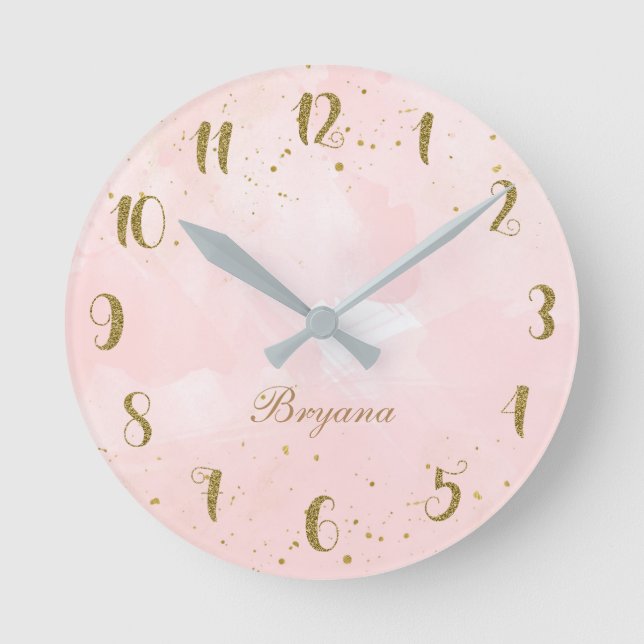 Horloge Ronde Blush Rose & Gold Splatter Moderne Personnalisé (Recto)