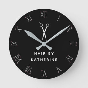 Horloge Ronde Bobby Pin Numéros romains Ciseaux Coiffure noire S