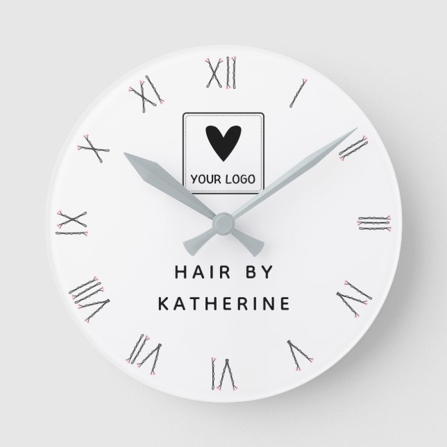 Horloge Ronde Bobby Pin Roman Numéraux Coiffure Salon Nom Logo (Recto)