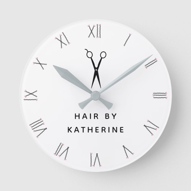 Horloge Ronde Bobby Pin Roman Numéros Ciseaux White Hair Salon (Recto)
