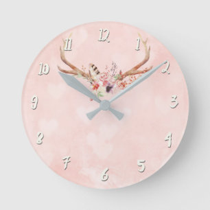 Horloge Ronde Bohème Rose Chic Bois de Cerf & Plumes Glamour Rus