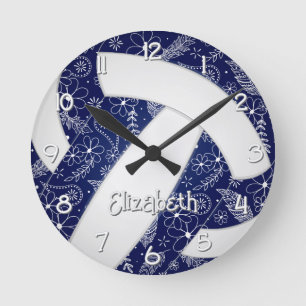 Horloge Ronde boho doodle floral marine bleu blanc volleyball