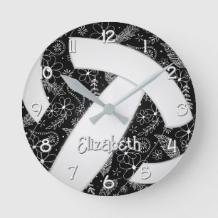Horloge Ronde boho doodle floral noir blanc volleyball