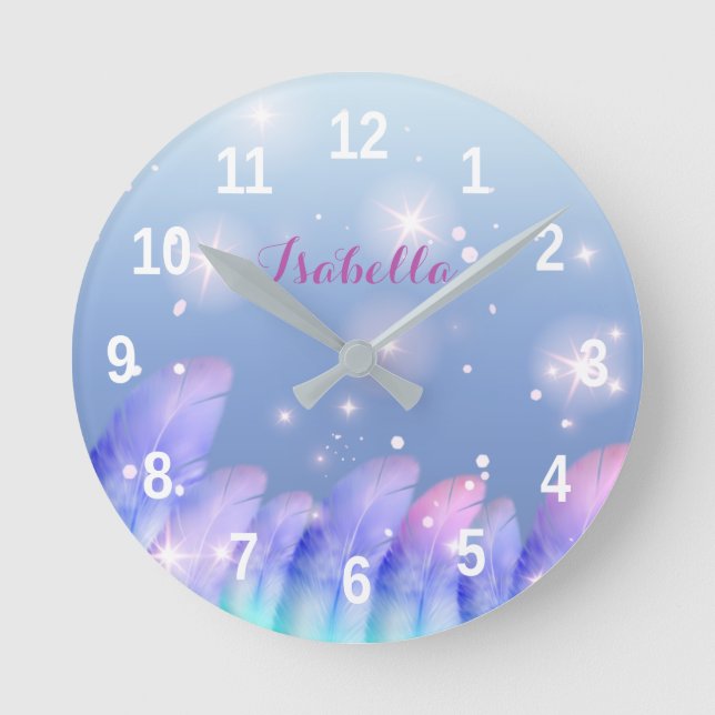 Horloge Ronde Boho Pastel Plumes violettes rose Étincelles Perso (Recto)