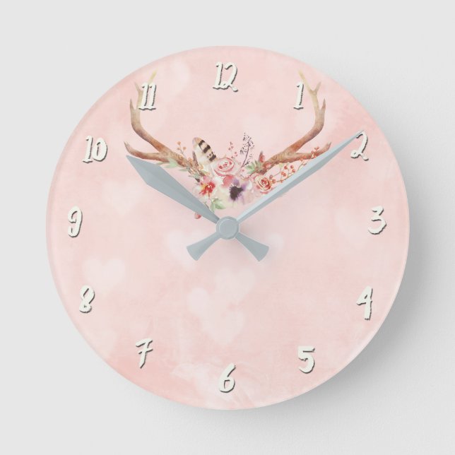 Horloge Ronde Boho rose Chic Antlers & Feathers Rustique Glam (Recto)