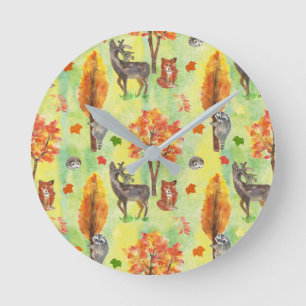 Horloge Ronde Bois Animaux d'aquarelle