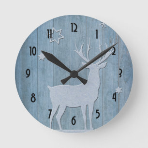 Horloge Ronde Bois rustique Bleu renne Pays Noël