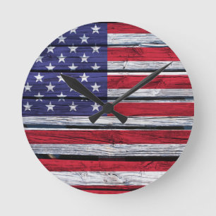 Horloge Ronde Bois rustique de drapeau américain