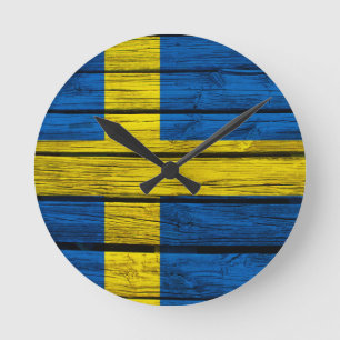 Horloge Ronde Bois rustique de drapeau suédois