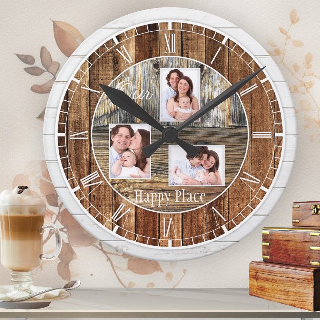 Horloge Ronde Bois rustique moderne 3 photos (Rustic classic wall clock featuring printed wood panels with your own custom photos)
