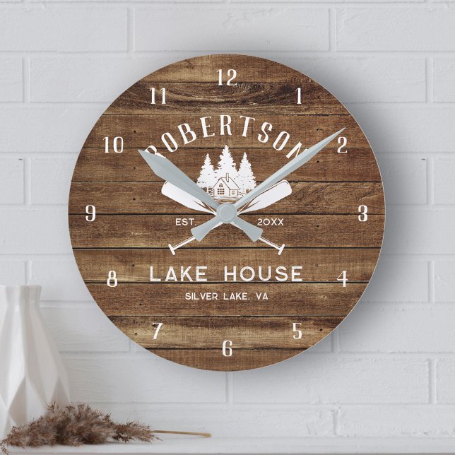 Horloge Ronde Bois rustique Nom de famille Lake House Arbres (Créateur téléchargé)