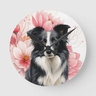 Horloge Ronde Border Collie Dog and Bold Pink Lilies