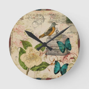 Horloge Ronde botanique français d'oiseau floral minable
