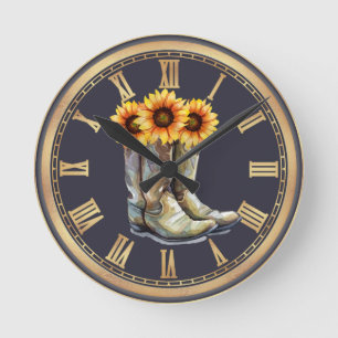 Horloge Ronde Botte de cowboy et tournesol
