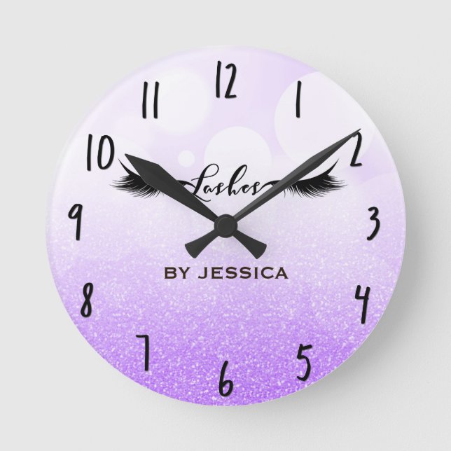 Horloge Ronde Bouffées d'cils Violet & Noir Glam Personnalisé (Recto)