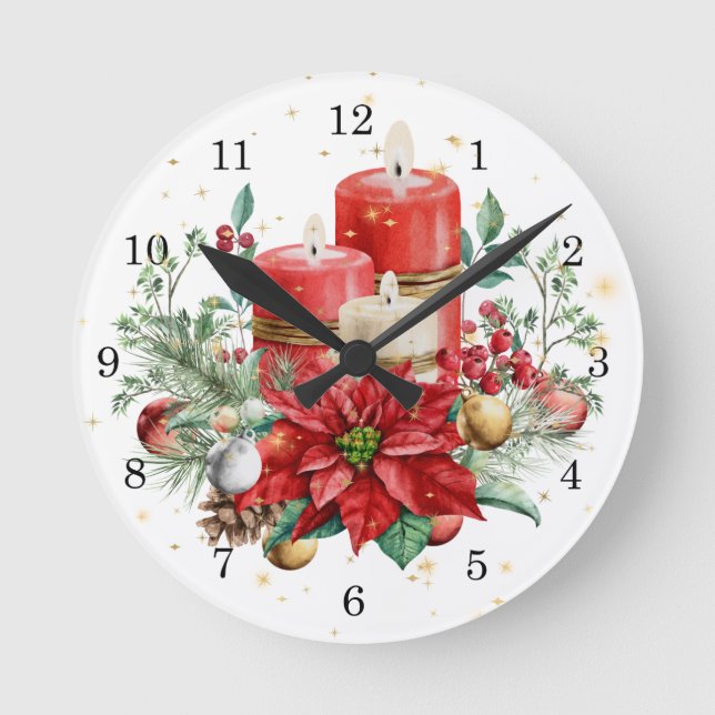 Horloge Ronde Bougies de Pillar, Poinsettia et Botaniques de Noë (Recto)