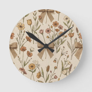Horloge Ronde Bouquet de fleurs sauvages rustique avec noeuds en