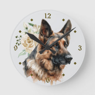 Horloge Ronde Bouquet de rose blanche Chien berger allemand