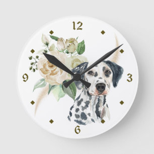 Horloge Ronde Bouquet de rose blanche Chien dalmate