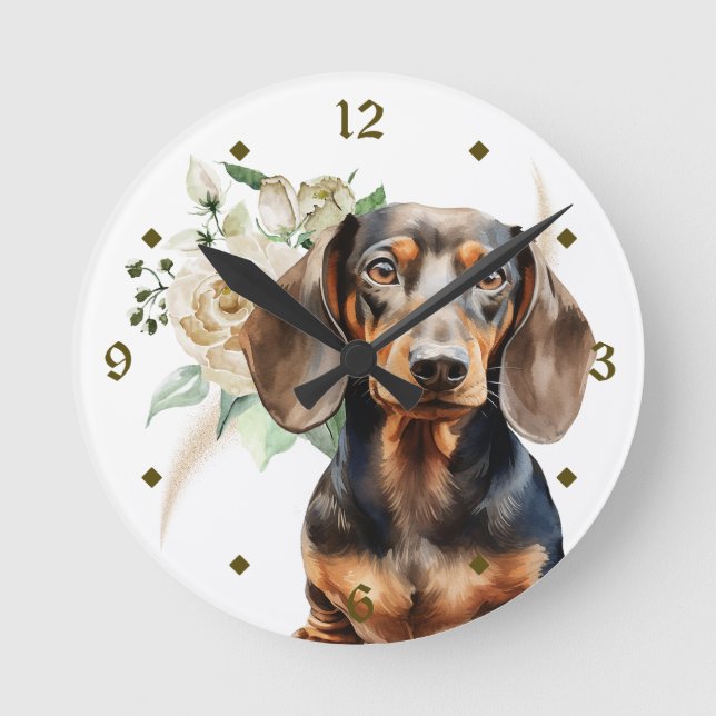 Horloge Ronde Bouquet de Rose blanche Dachshund Chien (Recto)