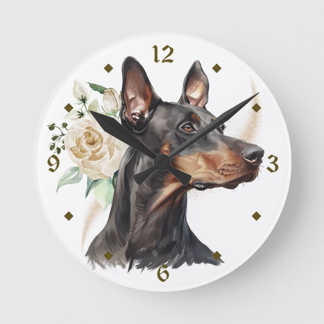 Horloge Ronde Bouquet de rose blanche Doberman Pinscher Chien (Recto)