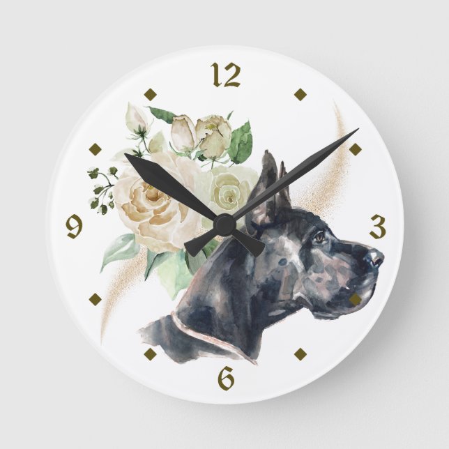 Horloge Ronde Bouquet de Rose blanche Grand chien Danse (Recto)