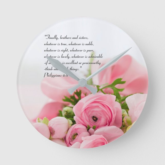 Horloge Ronde Bouquet rose pastel de fleurs Bible Verse (Recto)