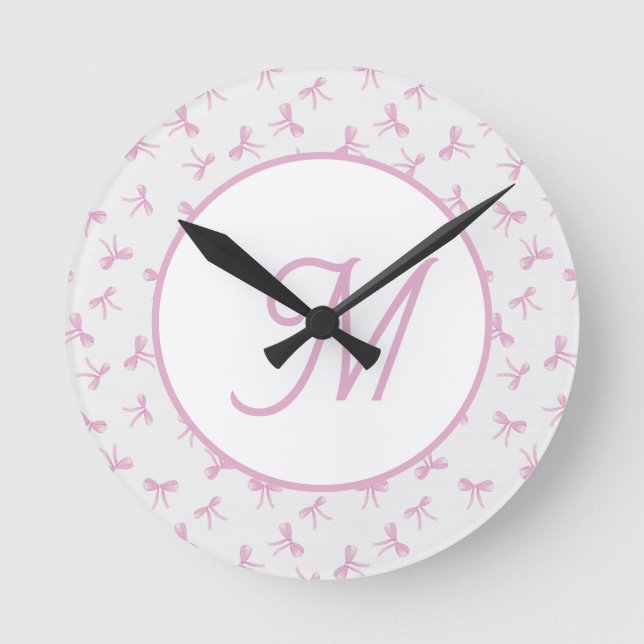 Horloge Ronde Bow en aquarelle rose Coquette Froufroutante Monog (Recto)
