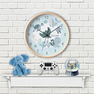 Horloge Ronde Boys Blue Under The Sea Ocean Animals & Name Kids