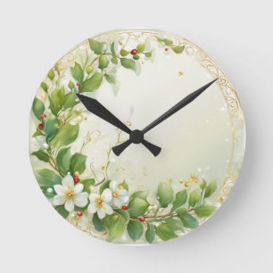 Horloge Ronde Branches de gui, peinture pastel aquarelle