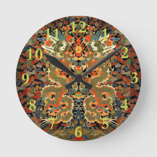 Horloge Ronde broderie colorée de dragon asiatique chinois 