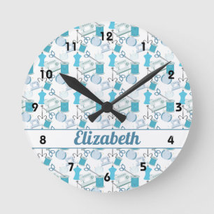 Horloge Ronde Broderie et Patchwork Bleu