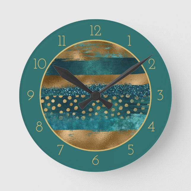 Horloge Ronde Brosse turquoise et or moderne avec bordure (Recto)
