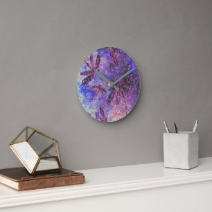 Horloge Ronde Brume de Libellule Violette