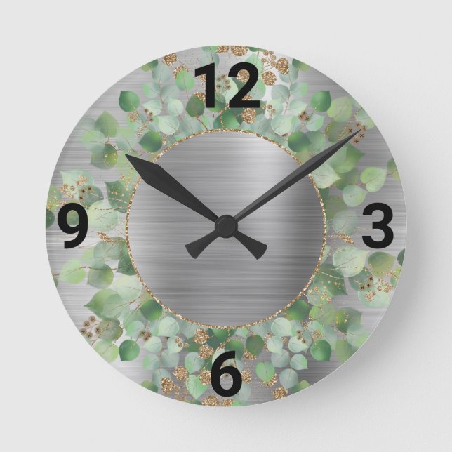 HORLOGE RONDE BRUSHED SILVER BOTANICAL EUCALYPTUS WALL CLOCK (Recto)