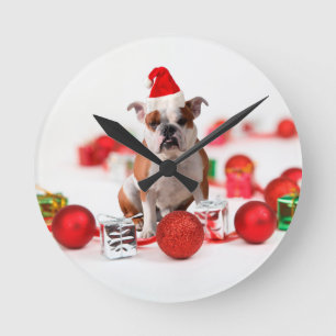Horloge Ronde Bulldog boîte cadeau de Noël Ornements Red Santa C