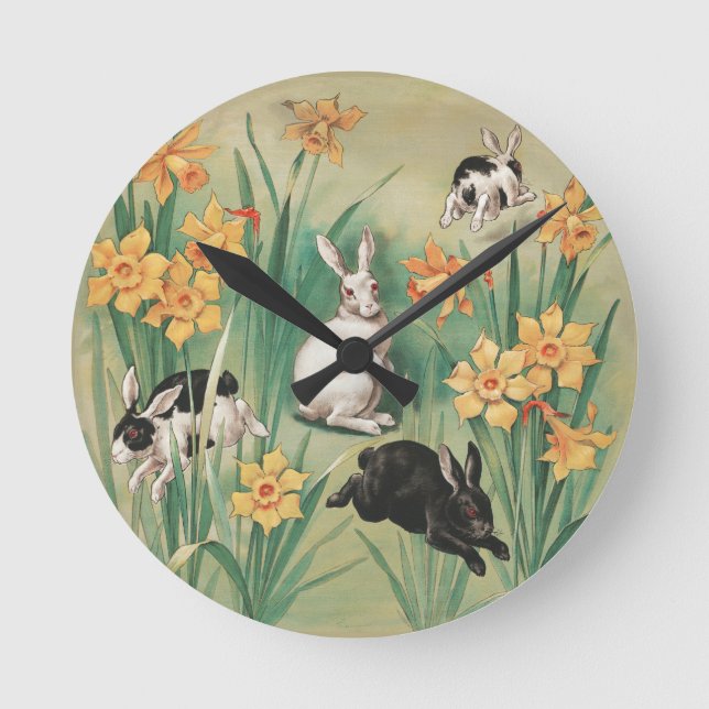 Horloge Ronde Bunnies mignons aux fleurs de jonquille Antique Pâ (Recto)