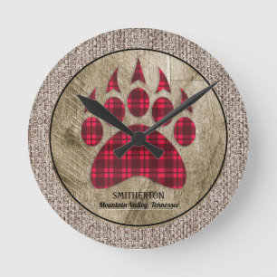 Horloge Ronde Burlap Russe Bois Rouge Buffalo Plaid Ours Paw