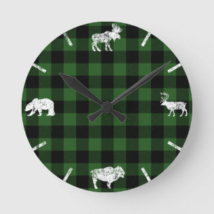 Horloge Ronde Cabine Buffalo Plaid Lumberjack Check Motif Vert