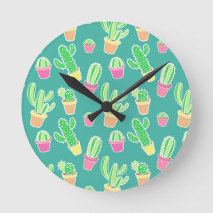 Horloge Ronde Cactus D'Aquarelle De Neon Dans Les Motifs De Pots