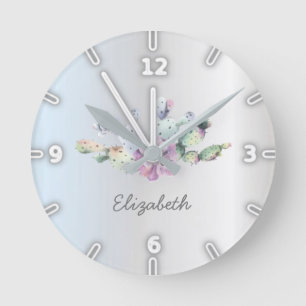 Horloge Ronde Cactus succulent aquarelle adorable, argent 