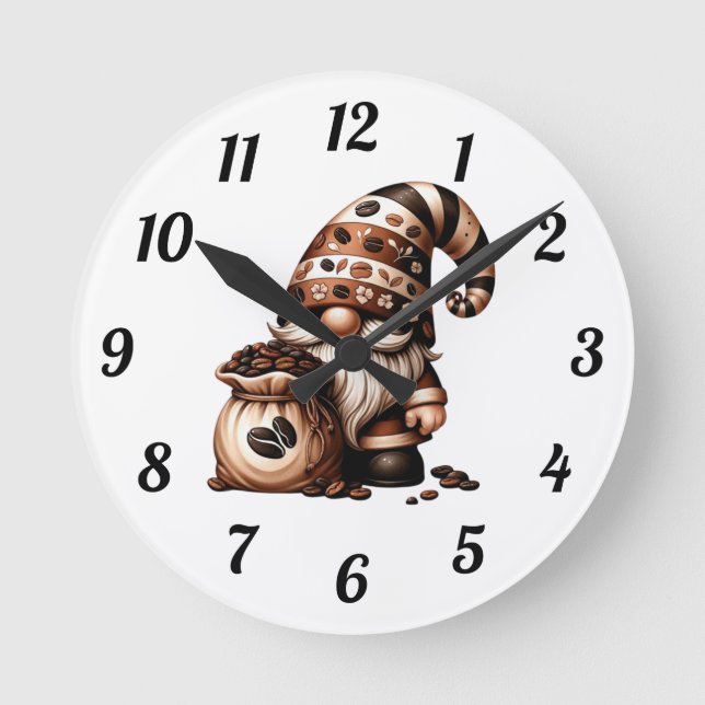 Horloge Ronde Cadeau Brun Blanc Gnome de Café Mignon Capricieux (Recto)