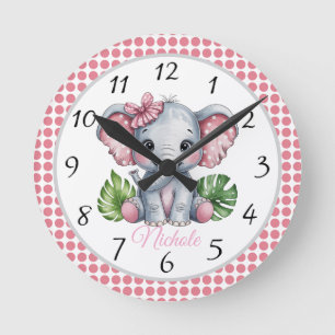 Horloge Ronde Cadeau de Baby Shower Éléphant Mignon avec Nœud Ro