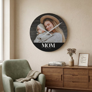 Horloge Ronde Cadeau Photo Typographie Blanche Établie par Maman