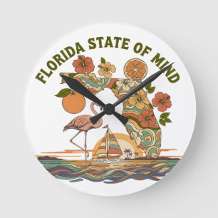 Horloge Ronde Cadeau Rétro de Floride État d'Esprit Flamant Rose
