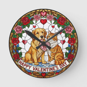 Horloge Ronde Cadran de Faux Vitrail avec Chien et Chat