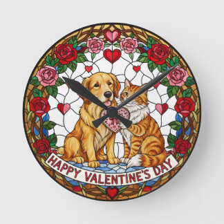 Horloge Ronde Cadran de Faux Vitrail avec Chien et Chat
