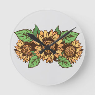 Horloge Ronde Cadran de Tournesol Jaune et Gris